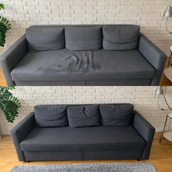 Szara sofa przed i po czyszczeniu metodą ekstrakcyjną