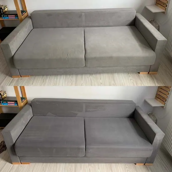 Szara sofa z podłokietnikami przed i po praniu