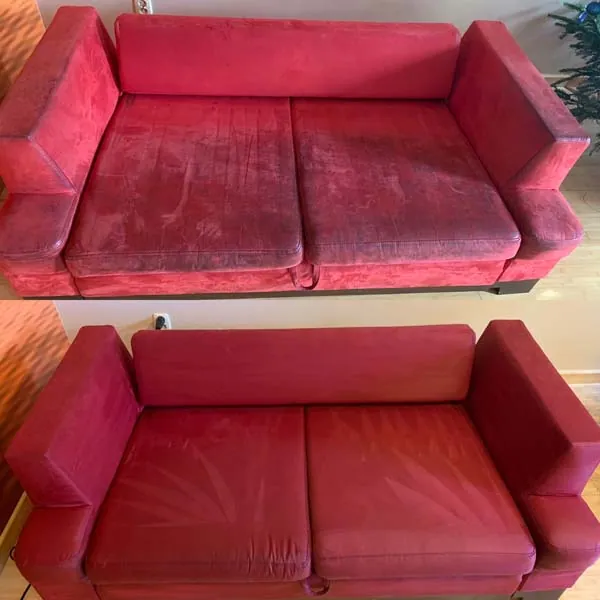 Czerwona sofa przed i po praniu tapicerki